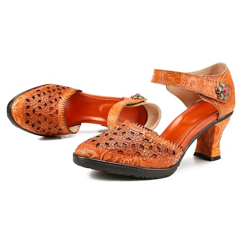 CrazycatZ Damen Leder Bunte Mary Jane Schuhe mit Schleife, Vintage Patchwork Mary Janes Pumps (Orange, Erwachsene, Damen, 39, Numerisch, EU Schuhgrößensystem, M) von CrazycatZ