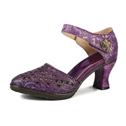 CrazycatZ Damen Leder Bunte Mary Jane Schuhe mit Schleife, Vintage Patchwork Mary Janes Pumps (Purple, Erwachsene, Damen, 40, Numerisch, EU Schuhgrößensystem, M) von CrazycatZ