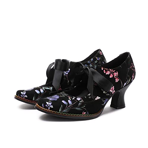 CrazycatZ Damen Leder Bunte Mary Jane Schuhe mit Schleife, Vintage Patchwork Mary Janes Pumps (Purple Floral, eu_Footwear_Size_System, Adult, Women, Numeric, medium, Numeric_39) von CrazycatZ