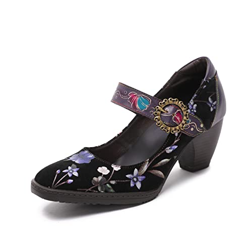 CrazycatZ Damen Leder Bunte Mary Jane Schuhe mit Schleife, Vintage Patchwork Mary Janes Pumps (Purple Floral B, eu_Footwear_Size_System, Adult, Women, Numeric, medium, Numeric_41) von CrazycatZ