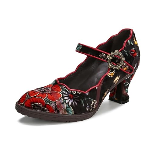 CrazycatZ Damen Leder Bunte Mary Jane Schuhe mit Schleife, Vintage Patchwork Mary Janes Pumps (Vintage Red, eu_Footwear_Size_System, Adult, Women, Numeric, medium, Numeric_37) von CrazycatZ