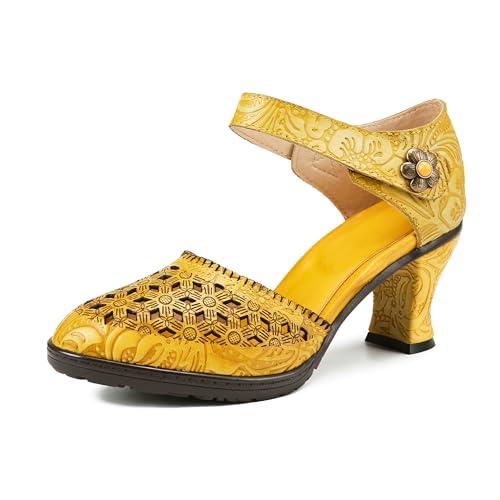 CrazycatZ Damen Leder Bunte Mary Jane Schuhe mit Schleife, Vintage Patchwork Mary Janes Pumps (Yellow, Erwachsene, Damen, 38, Numerisch, EU Schuhgrößensystem, M) von CrazycatZ