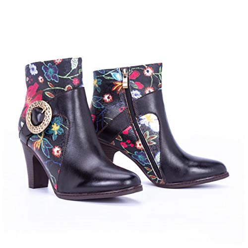 CrazycatZ Damen Leder Bunte Stiefeletten mit Absätzen Blumen Handgefertigte Retro Stiefeletten (1909-12, 37) von CrazycatZ