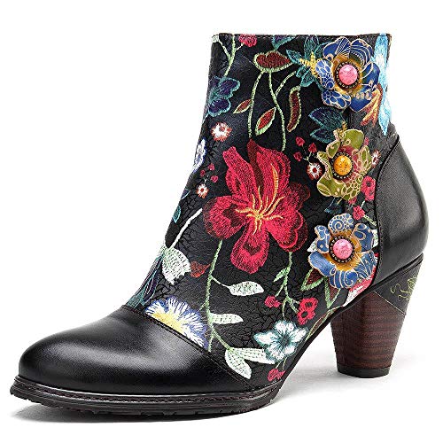 CrazycatZ Damen Leder Bunte Stiefeletten mit Absätzen Blumen Handgefertigte Retro Stiefeletten (X16, numeric_39) von CrazycatZ