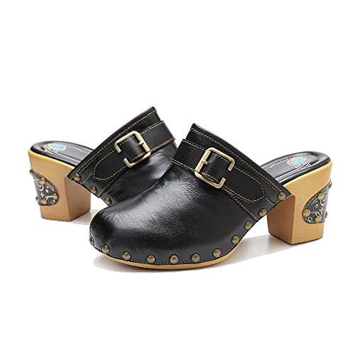 CrazycatZ Damen Leder Clogs, Blockabsätze Ledersandale Bunte Clogs Pantoletten Bunte Blume Clogs (Black, Numeric_37) von CrazycatZ