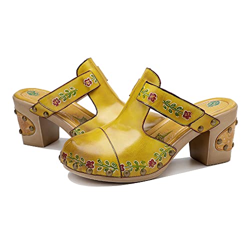 CrazycatZ Damen Leder Clogs, Blockabsätze Ledersandale Bunte Clogs Pantoletten Bunte Blume Clogs (Green, Numeric_41) von CrazycatZ