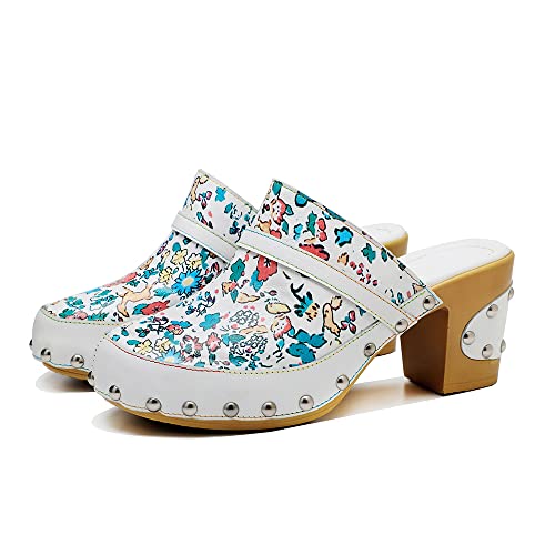 CrazycatZ Damen Leder Clogs, Blockabsätze Ledersandale Bunte Clogs Pantoletten Bunte Blume Clogs (White, Numeric_42) von CrazycatZ