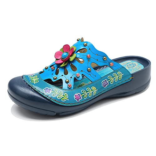 CrazycatZ Damen Leder Clogs, Ledersandale Bunte Clogs Pantoletten Bunte Blume Clogs (Blue, Numeric_40) von CrazycatZ