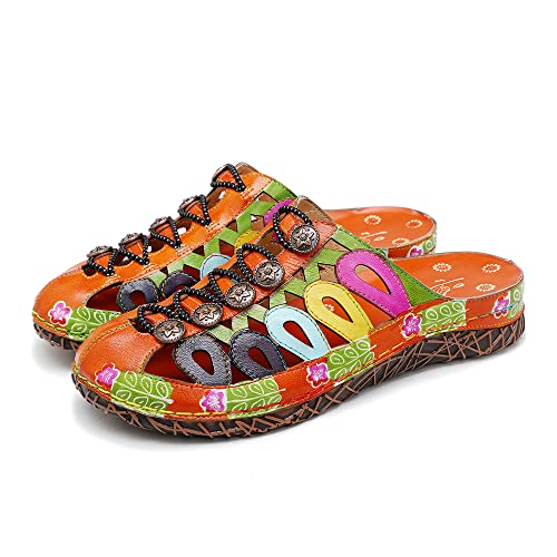 CrazycatZ Damen Leder Clogs, Ledersandale Bunte Clogs Pantoletten Bunte Blume Clogs Floral Clogs (0902, eu_Footwear_Size_System, Adult, Women, Numeric, medium, Numeric_37) von CrazycatZ