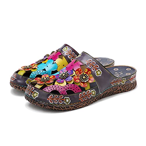 CrazycatZ Damen Leder Clogs, Ledersandale Bunte Clogs Pantoletten Bunte Blume Clogs Floral Clogs (0903, eu_Footwear_Size_System, Adult, Women, Numeric, medium, Numeric_39) von CrazycatZ