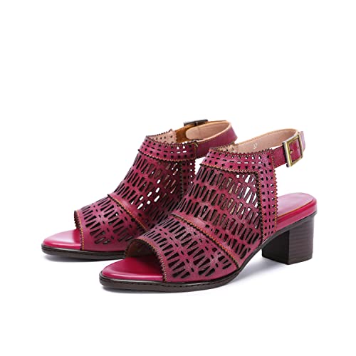 CrazycatZ Damen Leder Heeled Sandals Roman Sandalen bunten Blockabsatzschuhen Sandalen (Red, numeric_39) von CrazycatZ