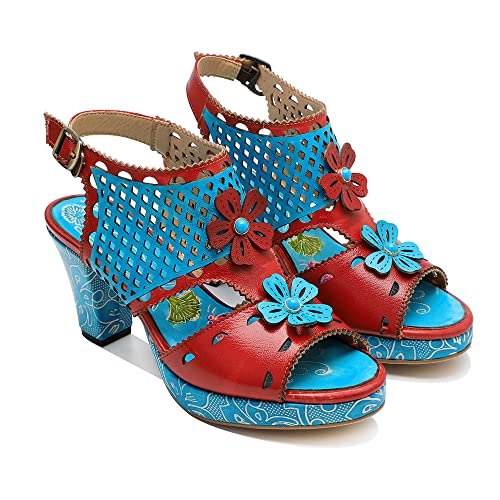 CrazycatZ Damen Leder Heeled Sandals bunten Blockabsatzschuhen Peeptoe Sandalen (1002, eu_footwear_size_system, adult, women, numeric, medium, numeric_42) von CrazycatZ