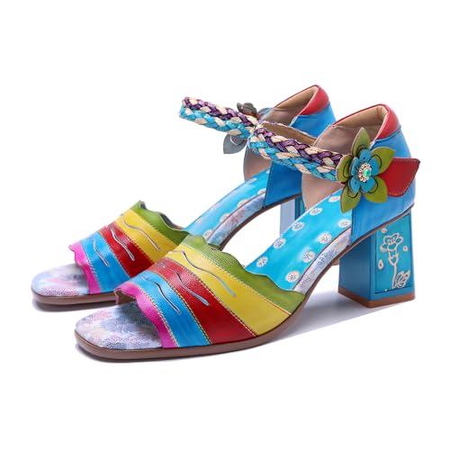CrazycatZ Damen Leder Heeled Sandals bunten Blockabsatzschuhen Peeptoe Sandalen (24-2003, Erwachsene, Damen, 40, Numerisch, EU Schuhgrößensystem, M) von CrazycatZ