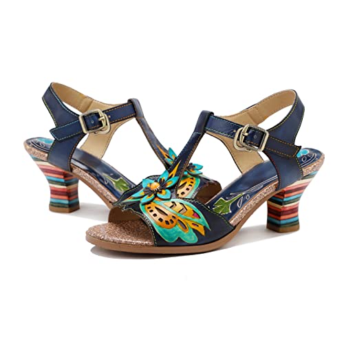 CrazycatZ Damen Leder Heeled Sandals bunten Blockabsatzschuhen Peeptoe Sandalen (Navy, eu_footwear_size_system, adult, women, numeric, medium, numeric_40) von CrazycatZ