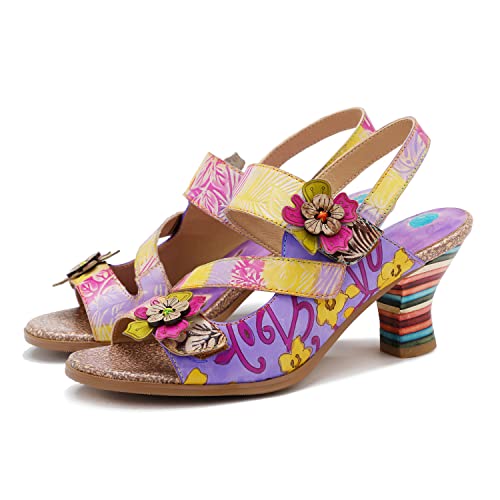 CrazycatZ Damen Leder Heeled Sandals bunten Blockabsatzschuhen Peeptoe Sandalen (Purple, eu_footwear_size_system, adult, women, numeric, medium, numeric_39) von CrazycatZ