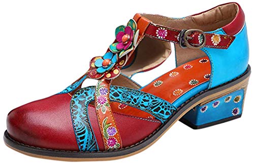 CrazycatZ Damen Leder Mary Jane Blockabsatz Bunte Schuhe Patchwork-Block Ferse Schuhe Bunte Sandalen mit Absätzen (41 EU, Rot-T) von CrazycatZ