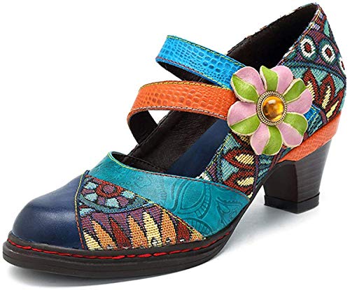 CrazycatZ Damen Leder Mary Jane Blockabsatz Bunte Schuhe Patchwork-Block Ferse Schuhe Bunte Sandalen mit Absätzen (41 EU, SM-04) von CrazycatZ