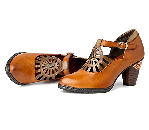 CrazycatZ Damen Leder Mary Jane Blockabsatz Bunte Schuhe Patchwork-Block Ferse Schuhe Bunte Sandalen mit Absätzen (Brown, Numeric_39) von CrazycatZ