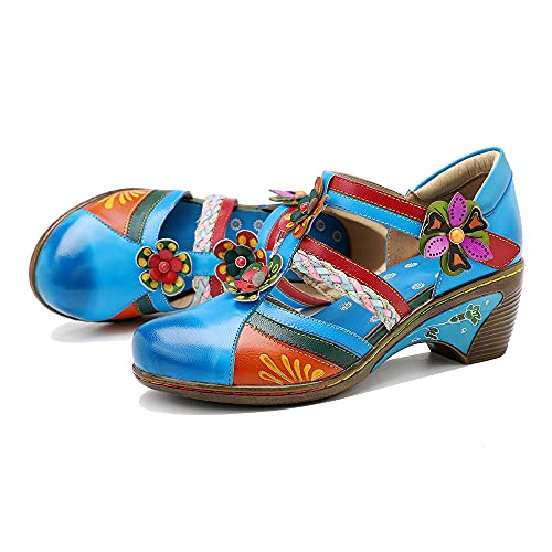 CrazycatZ Damen Leder Mary Jane Halbschuhe Blockabsatz Bunte Schuhe Jahrgang Halbschuhe (Blue, Numeric_37) von CrazycatZ