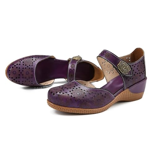 CrazycatZ Damen Leder Mary Jane Halbschuhe Blockabsatz Bunte Schuhe Jahrgang Halbschuhe (Purple, Erwachsene, Damen, 39, Numerisch, EU Schuhgrößensystem, M) von CrazycatZ