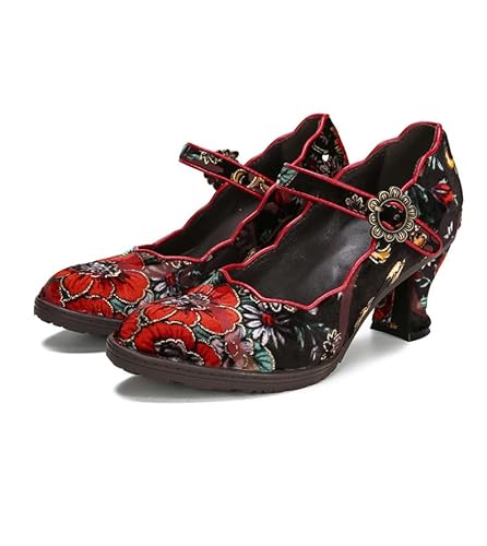 CrazycatZ Damen Leder Mary Jane Halbschuhe Blockabsatz Bunte Schuhe Jahrgang Halbschuhe (Red, Numeric_39) von CrazycatZ