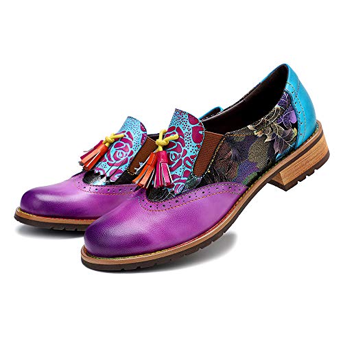 CrazycatZ Damen Leder Oxford Schuhe Perforierte Schnürspitze Bunte Leder Vintage Bunte Schuhe (Purple, Erwachsene, 41, Numerisch, EU Schuhgrößensystem, M) von CrazycatZ