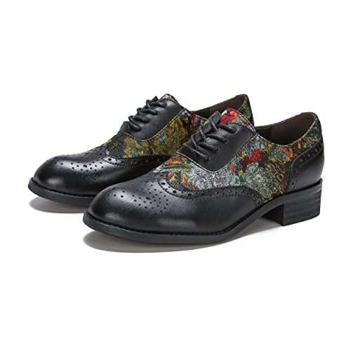 CrazycatZ Damen Leder Oxford Schuhe Perforierte Schnürspitze Bunte Leder Vintage Bunte Schuhe (Black B, eu_Footwear_Size_System, Adult, Numeric, medium, Numeric_41) von CrazycatZ