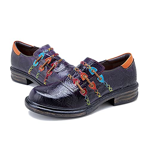 CrazycatZ Damen Leder Oxford Schuhe Perforierte Schnürspitze Bunte Leder Vintage Bunte Schuhe (Dark Purple, Numeric_40) von CrazycatZ