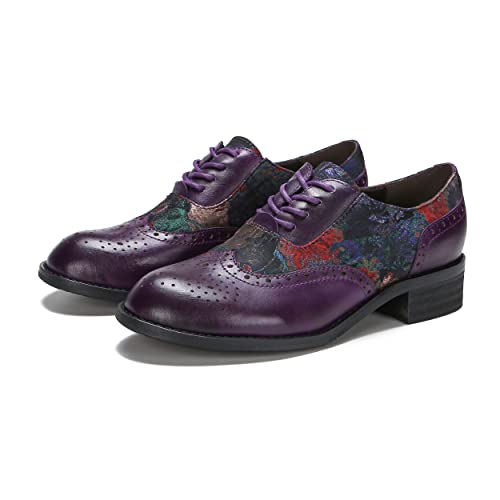 CrazycatZ Damen Leder Oxford Schuhe Perforierte Schnürspitze Bunte Leder Vintage Bunte Schuhe (Dark Purple B, Erwachsene, 37, Numerisch, EU Schuhgrößensystem, M) von CrazycatZ