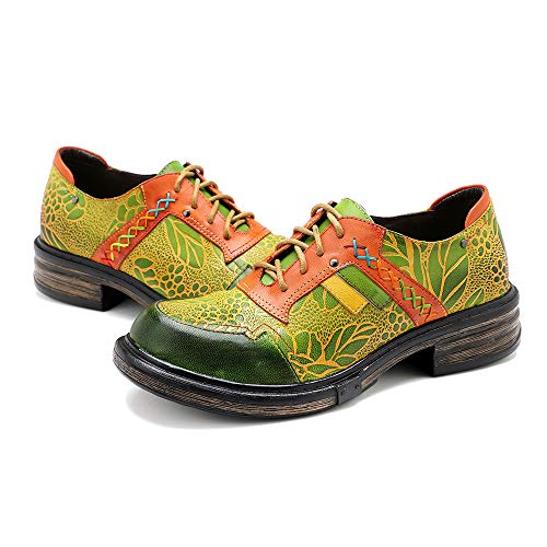 CrazycatZ Damen Leder Oxford Schuhe Perforierte Schnürspitze Bunte Leder Vintage Bunte Schuhe (Green, Erwachsene, 38, Numerisch, EU Schuhgrößensystem, M) von CrazycatZ