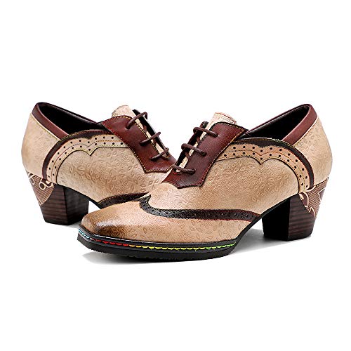 CrazycatZ Damen Leder Oxford Schuhe Perforierte Schnürspitze Bunte Vintage Blockabsätze Schuhe (Beige, Numeric_39) von CrazycatZ