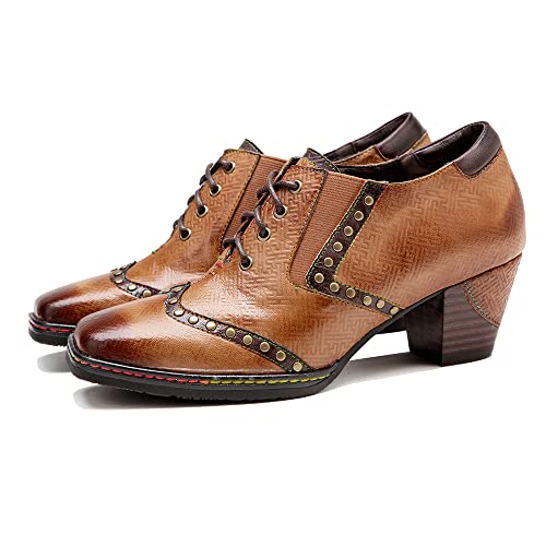 CrazycatZ Damen Leder Oxford Schuhe Perforierte Schnürspitze Bunte Vintage Blockabsätze Schuhe (Brown, Numeric_39) von CrazycatZ