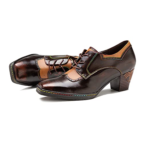 CrazycatZ Damen Leder Oxford Schuhe Perforierte Schnürspitze Bunte Vintage Blockabsätze Schuhe (Dark Brown, Numeric_37) von CrazycatZ