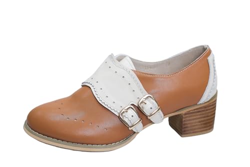 CrazycatZ Damen Leder Oxford Schuhe Perforierte Schnürspitze Bunte Vintage Blockabsätze Schuhe (Orange, Erwachsene, Damen, 42, Numerisch, EU Schuhgrößensystem, M) von CrazycatZ