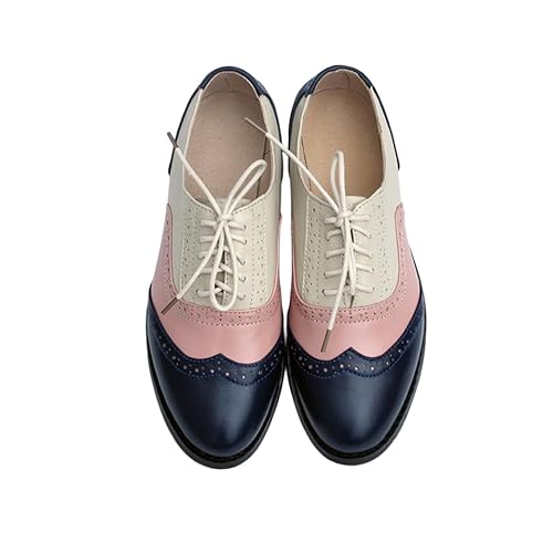 CrazycatZ Damen Leder Oxford Schuhe Schnürspitze Bunte Leder Vintage Bunte Oxford Schuhe (Pink+Blue, eu_Footwear_Size_System, Adult, Women, Numeric, medium, Numeric_37) von CrazycatZ