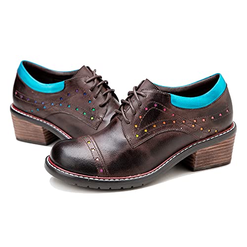 CrazycatZ Damen Leder Oxford Schuhe Schnürspitze Bunte Leder Vintage Bunte Schuhe (Coffee, Numeric_39) von CrazycatZ