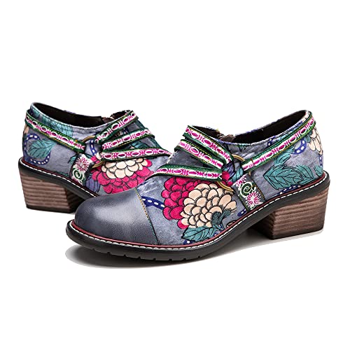 CrazycatZ Damen Leder Oxford Schuhe Schnürspitze Bunte Leder Vintage Bunte Schuhe (Floral, Numeric_41) von CrazycatZ