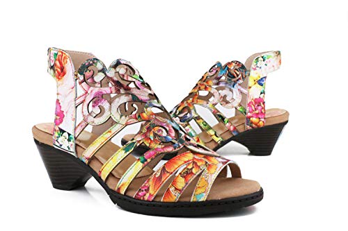 CrazycatZ Damen Leder Roman Bunte Sandalen bunten Blockabsatz Sandalen Schuhen (2816-1, Numeric_42) von CrazycatZ