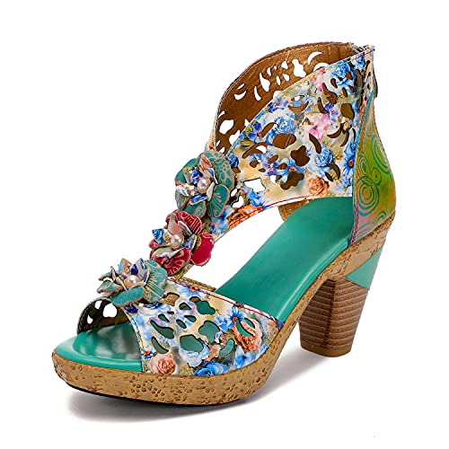 CrazycatZ Damen Leder Roman Bunte Sandalen bunten Blockabsatzschuhen (Green, numeric_39) von CrazycatZ