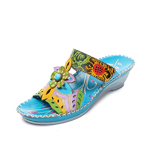 CrazycatZ Damen Leder Sandalen Slide,Handgefertigt Bunte Bunte Schuhe Flip Flops (Light Blue, numeric_38) von CrazycatZ