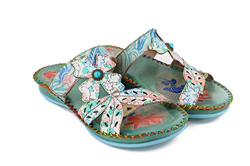 CrazycatZ Damen Leder Sandalen Slide,Handgefertigt Bunte Bunte Schuhe Flip Flops (Light Green, numeric_39) von CrazycatZ