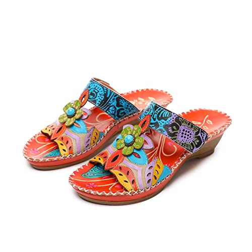 CrazycatZ Damen Leder Sandalen Slide,Handgefertigt Bunte Bunte Schuhe Flip Flops (Orange, numeric_39) von CrazycatZ
