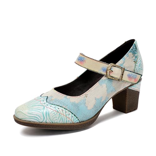 CrazycatZ Damen Leder Schuhe Absatz Vintage Bunte Mary Jane Schuhe Pumps Floral Schuhe (Light Blue, Erwachsene, Damen, 38, Numerisch, EU Schuhgrößensystem, M) von CrazycatZ