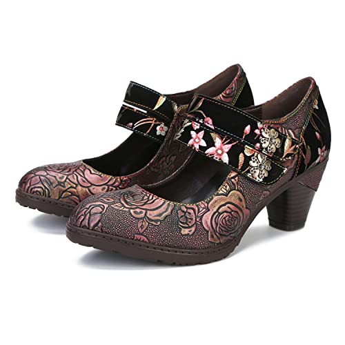 CrazycatZ Damen Leder Schuhe Absatz Vintage Bunte Mary Jane Schuhe Pumps Floral Schuhe (Multi A, Numeric_42) von CrazycatZ