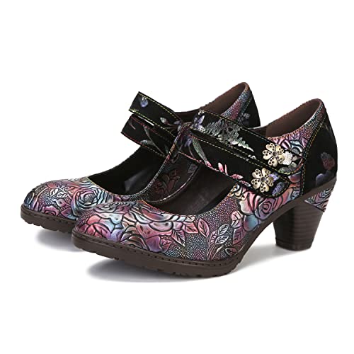 CrazycatZ Damen Leder Schuhe Absatz Vintage Bunte Mary Jane Schuhe Pumps Floral Schuhe (Multi B, Numeric_38) von CrazycatZ