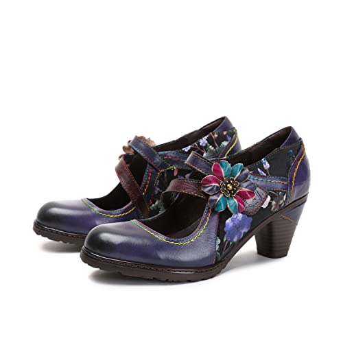 CrazycatZ Damen Leder Schuhe Absatz Vintage Bunte Mary Jane Schuhe Pumps Floral Schuhe (Purple, Erwachsene, Damen, 38, Numerisch, EU Schuhgrößensystem, M) von CrazycatZ