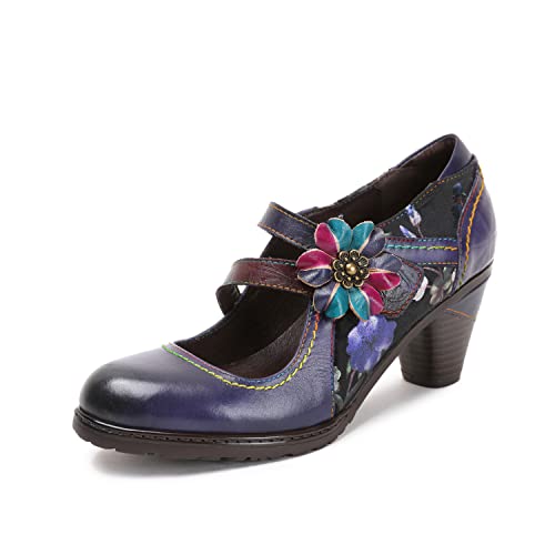 CrazycatZ Damen Leder Schuhe Absatz Vintage Bunte Mary Jane Schuhe Pumps Floral Schuhe (Purple, Numeric_39) von CrazycatZ