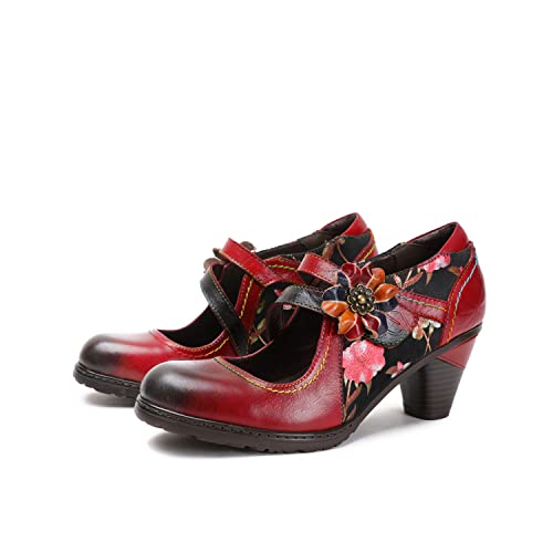 CrazycatZ Damen Leder Schuhe Absatz Vintage Bunte Mary Jane Schuhe Pumps Floral Schuhe (Red, Numeric_39) von CrazycatZ