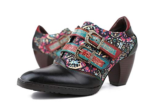 CrazycatZ Damen Leder Schuhe mit Absatz Blumen Patchwork Vintage Bunte Schuhe Pumps (Black, 41) von CrazycatZ