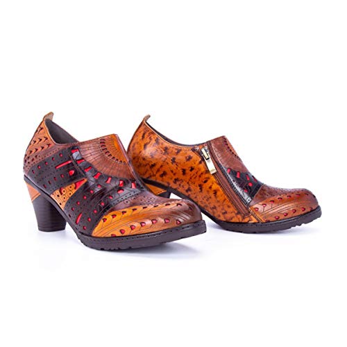 CrazycatZ Damen Leder Schuhe mit Absatz Blumen Patchwork Vintage Bunte Schuhe Pumps (Brown, 39) von CrazycatZ